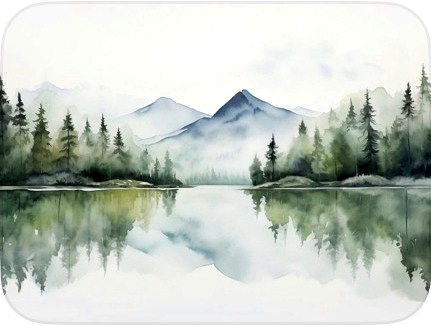 霞む山と湖の淡い水彩画
